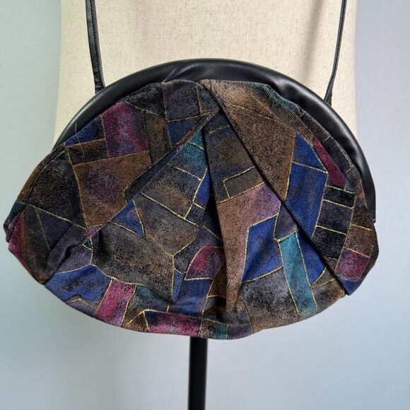 70s-80s Look Clamshell Velvet Purse Long Strap, Geometric Colorful Pattern 2/$50 - Picture 3 of 14